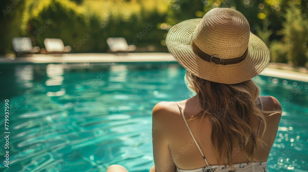 Woman in a straw hat sitting by a pool