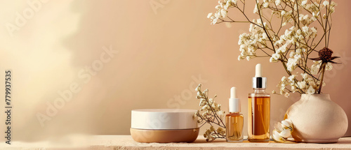 Showcase with cream jar, container, serum bottle,  flowers in trendy pastel color. Shadows effect.Skin Care, makeup concept. Cosmetic product presentation. Generative ai