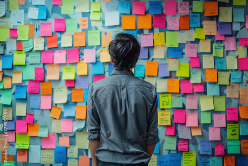 Young Man Contemplating a Wall Covered in Colorful Sticky Notes