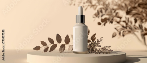 Showcase with cream jar, container, serum bottle,  flowers in trendy pastel color. Shadows effect.Skin Care, makeup concept. Cosmetic product presentation. Generative ai