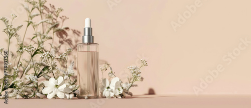 Showcase with cream jar, container, serum bottle,  flowers in trendy pastel color. Shadows effect.Skin Care, makeup concept. Cosmetic product presentation. Generative ai