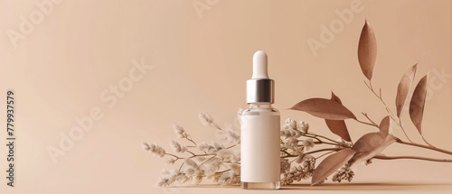 Showcase with cream jar, container, serum bottle, flowers in trendy pastel color. Shadows effect.Skin Care, makeup concept. Cosmetic product presentation. Generative ai