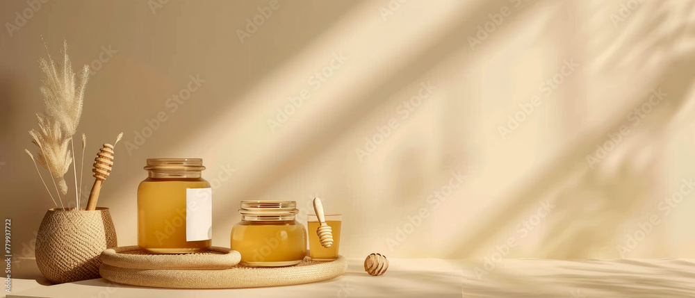 Bath room composition with jar of honey, decoration for spa, sauna, wellness, massage. Cozy natural mockup for relax, chill leisure. Cosmetology, beauty, body treatment concept. Generative ai Bath room composition with jar of honey, decoration for spa, sauna, wellness, massage. Cozy natural mockup for relax, chill leisure. Cosmetology, beauty, body treatment concept. Generative ai
