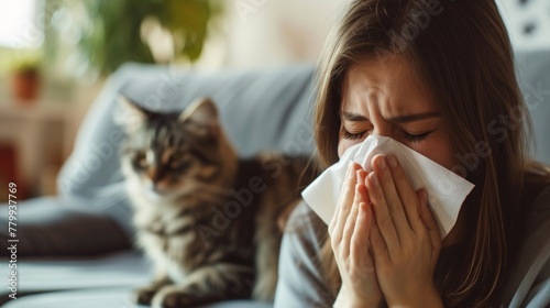 A person sneezing due to allergic with home animal.