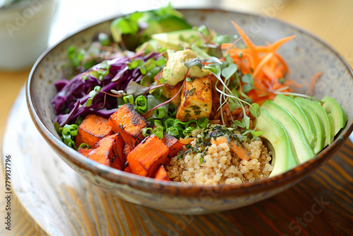 Vegetarian bowl bowl with quinoa, avocado, grilled tofu, pumpkin, and microgreens on top. Plant based diet, healthy eating. AI Generated