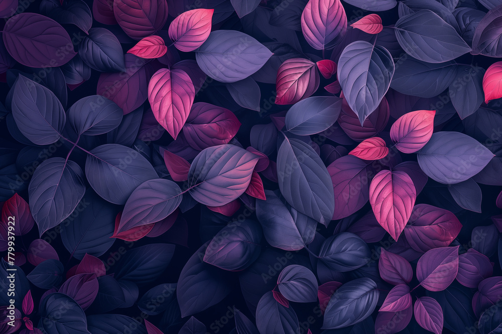 Dark botanical background with vibrant pink and purple leaves pattern