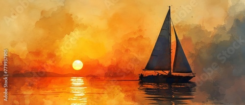 Digital airbrushing watercolor illustration of Sailboat at sunset, digital painting art