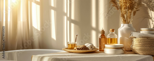 Bath room composition with cream jar, bottles in beige color. Banner for spa, sauna, wellness, massage. Cozy mockup for relax, chill leisure. Cosmetology, beauty, body treatment concept.Generative ai