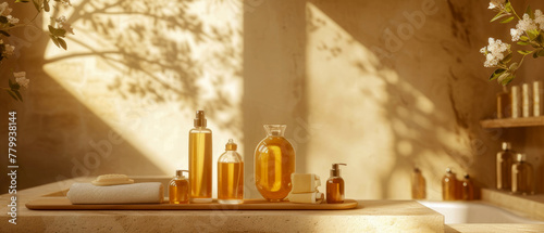 Bath room composition with cream jar, bottles in beige color. Banner for spa, sauna, wellness, massage. Cozy mockup for relax, chill leisure. Cosmetology, beauty, body treatment concept.Generative ai