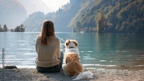 back view of unrecognizable female tourist sitting on the floor looking at the lake with cute calm dog
