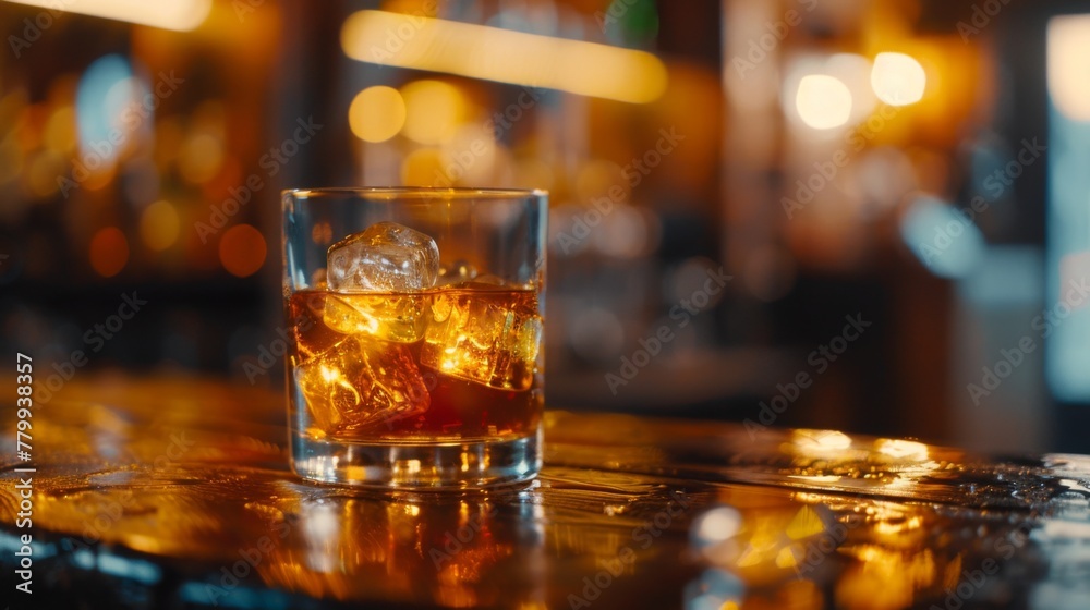 Glass of whiskey scotch served with ice cubes in a stylish bar-pub