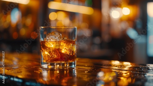 Glass of whiskey scotch served with ice cubes in a stylish bar-pub
