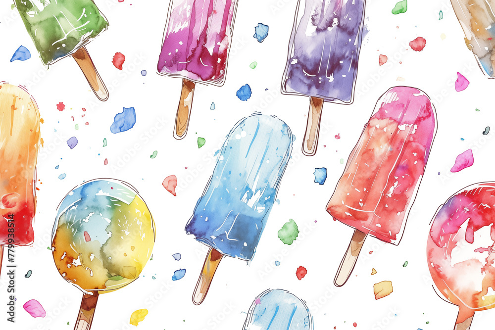 Collection of colorful watercolor popsicles on white background with paint splashes