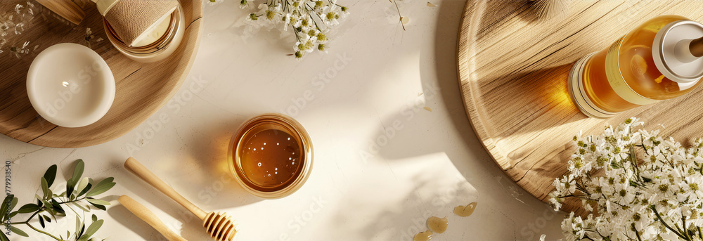 Flat lay composition with jar of honey, decoration for spa, sauna, wellness, massage. Cozy natural mockup for relax, chill leisure. Cosmetology, beauty treatment concept. Top view. Generative ai - obrazy, fototapety, plakaty 