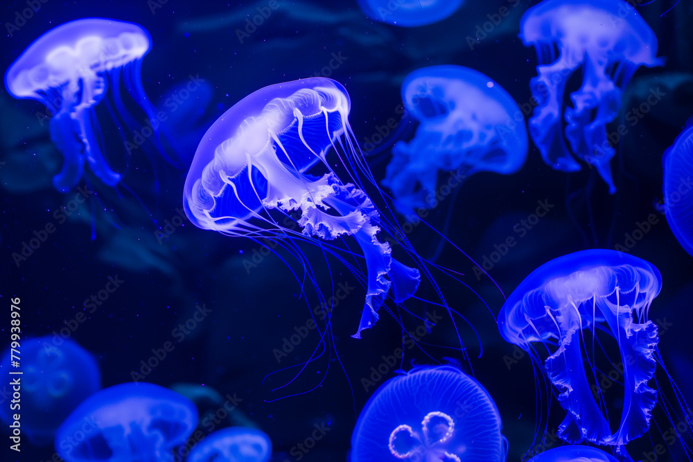 Common jellyfish in aquarium lit by blue light Common jellyfish in aquarium lit by blue light
