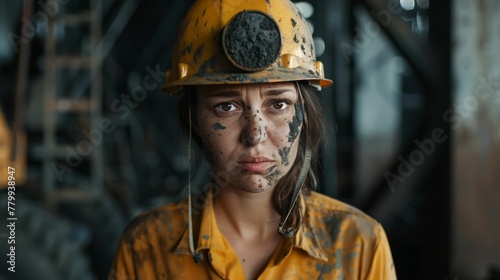 ethnic worker woman in protective uniform and helmet with dirty face looking at camera while standing against blurred dark background