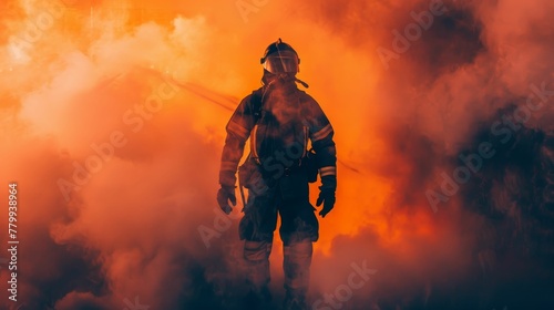 firefighter standing among heavy smoke during work