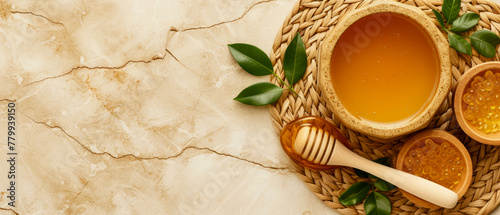 Flat lay composition with jar of honey, decoration for spa, sauna, wellness, massage. Cozy natural mockup for relax, chill leisure. Cosmetology, beauty treatment concept. Top view. Generative ai