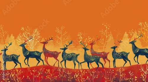 the holiday spirit with a border of festive reindeer against a vibrant orange backdrop. © Shahjahan