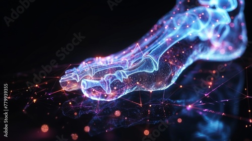 Fototapeta Naklejka Na Ścianę i Meble -  Glowing hologram of human feet 3D with bone structure with dark background.