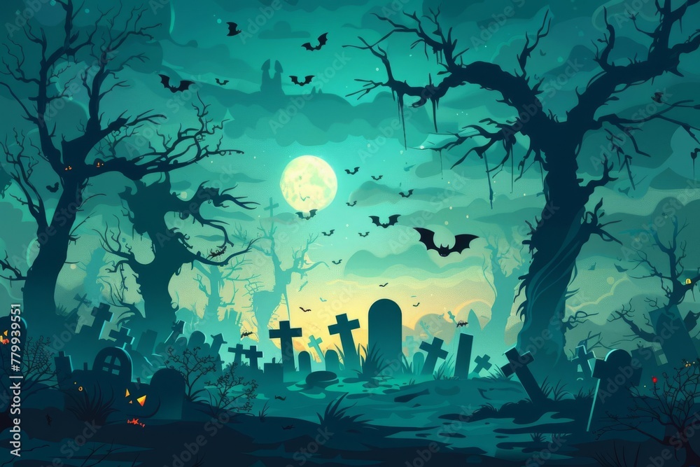 Spooky Halloween graveyard in haunted forest with bats and scary trees, holiday background