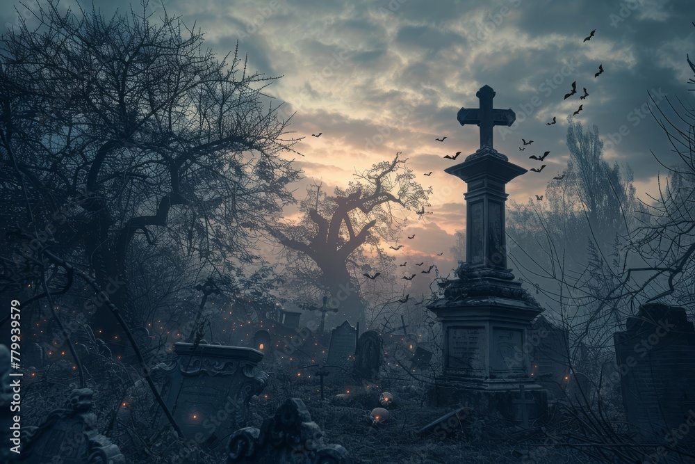 Spooky Halloween graveyard in haunted forest with bats and scary trees, holiday background