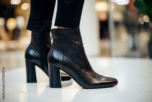 A close-up shot of a pair of black leather ankle boots with chunky block heels. photo