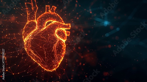 Glowing hologram of human heart organ 3D structure with dark background.