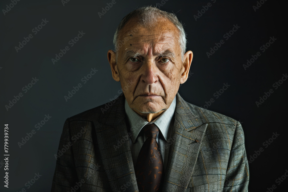 An older man wearing a suit and tie looks at the camera