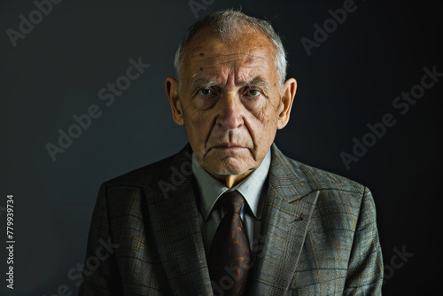 An older man wearing a suit and tie looks at the camera