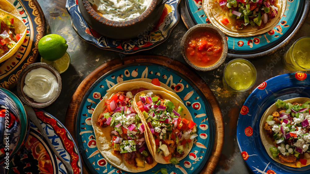 Traditional Mexican Tacos with Meat and Fresh Vegetables on a Wooden Plate