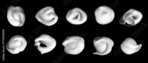 Set Foam texture, white bubbles from soap or shampoo or shower gel and facial foam. isolated on black background	