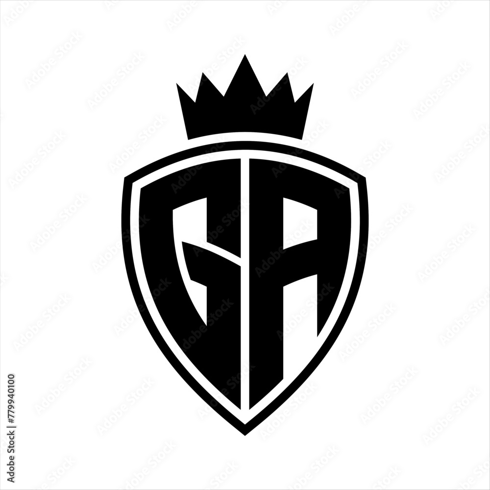 GA Letter monogram shield and crown outline shape with black and white color design GA Letter monogram shield and crown outline shape with black and white color design