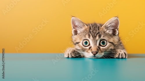 A timid Shorthair kitten cautiously peeking out from under a table, solid color background