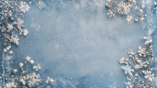 the essence of winter with a delicate snowflake border against a serene blue backdrop.