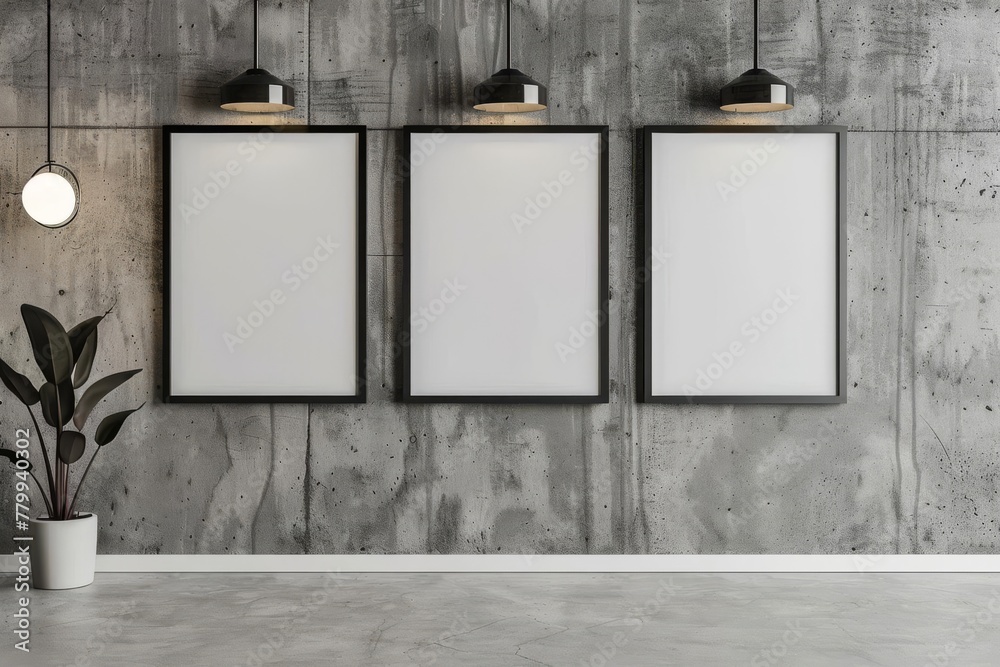 Three elegant picture frames hanging on textured concrete wall, interior mockup Three elegant picture frames hanging on textured concrete wall, interior mockup