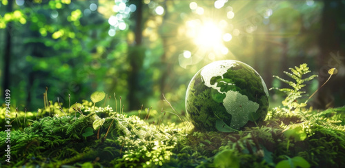  Earth Day - Environment - Green Globe In Forest With Moss And Sunlight