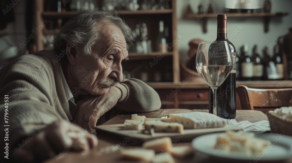 A man sitting at a table with cheese and wine, AI