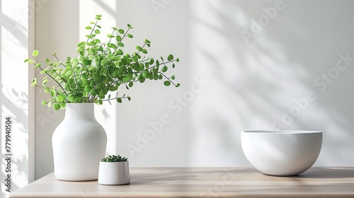 An elegant home interior with a focal point on a beautifully arranged table, adorned with a vibrant green plant and a sleek white vase