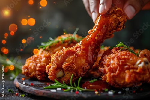 Captivating close-up shot of a person's hands dipping a crispy fried chicken leg into tangy sauce