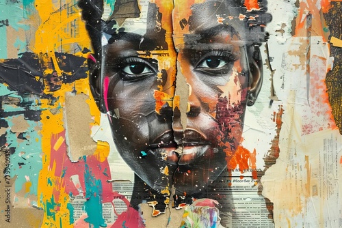 Urban graffiti collage with African woman portrait, colorful paint splashes and grungy newspaper textures, mixed media street art