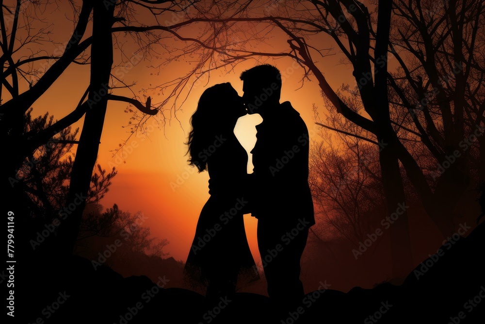 Idyllic Silhouette of romantic couple admiring sunset together. Lovers on ocean fiery sundown scene. Generate ai