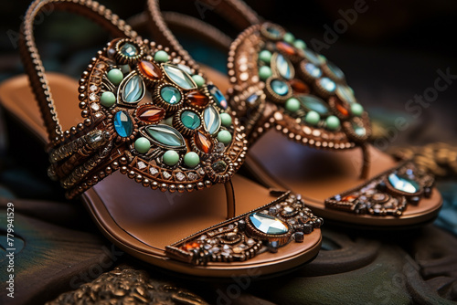 A close-up shot of a pair of metallic bronze sandals with intricate beadwork and gemstone accents.