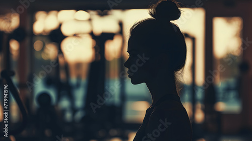 Silhouette of a Woman Contemplating in a Gym During Sunset