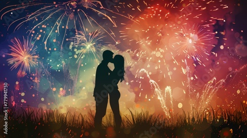 greeting card illustration- Black silhouette of kissing young couple and colorful fireworks pyrotechnics on night sky