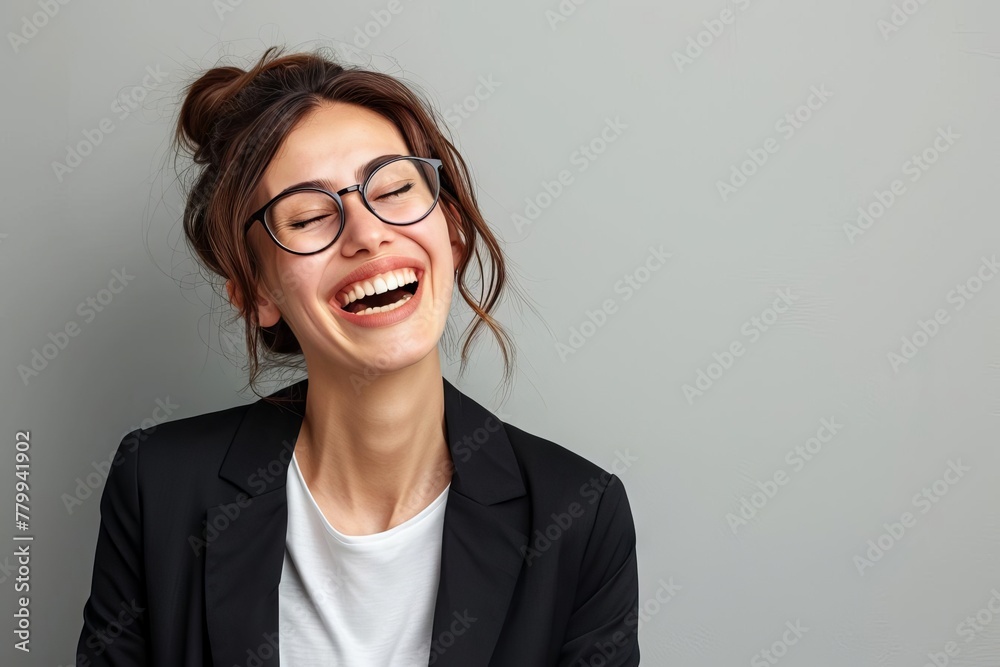 Young happy professional businesswoman laughing and looking at copy space, job opportunity concept