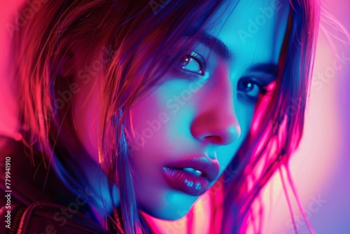 Young fashionable woman in a bright colorful neon gradient glow, futuristic cyberpunk style illustration.