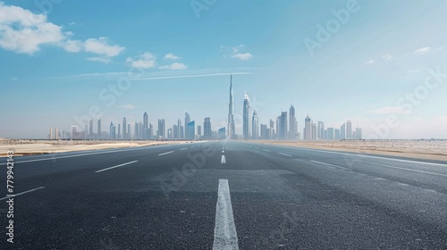 a road with a city skyline in the background