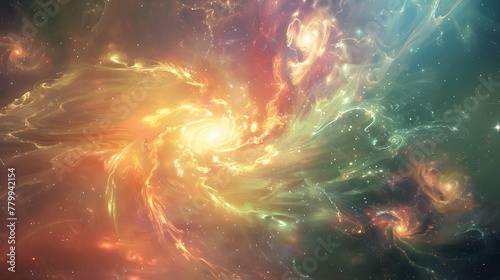 A dynamic scene depicting a galactic whirl of fiery nebulae, swirling in a dance of cosmic energy.
 photo