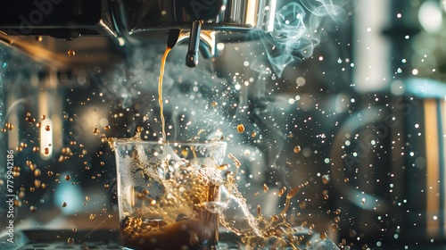 Hot espresso pours into a clear glass, causing lively splashes against a dark backdrop, highlighting the energy of coffee.
 photo